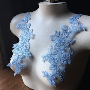 SECONDS LIGHT Blue Lace Applique Pair for Lyrical Dance, Bridal, Capes, Veils, Costume Design PR 377 ltbl