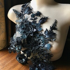 Black Teal 3D Floral Applique: Beaded Embroidered Lace (18x11.5") F33-1