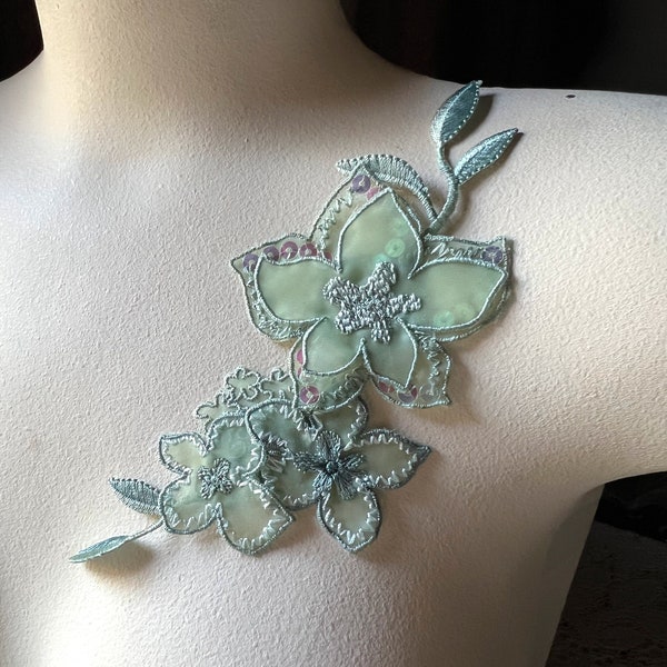 SEAFOAM GREEN 3D Applique Beaded Flower for Lyrical Dance, Headpieces, Garments, Costume Design IRON 97