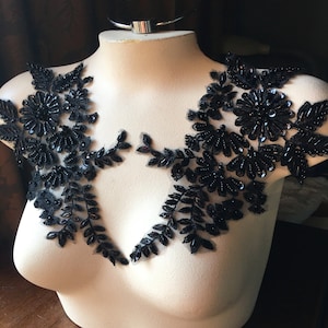 Black Beaded Lace Applique Pair: Floral Costume Embellishment F118