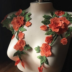 Orange 3D Rose Applique Pair: Floral Costume Embellishment CA 911pr