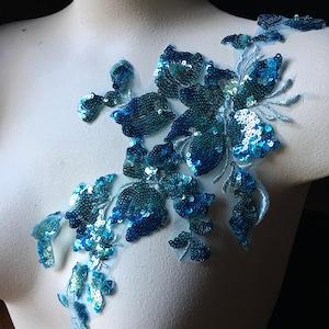 Ocean Turquoise Applique Beaded with Sequins for Lyrical Dance, Ballet, Couture Gowns F136