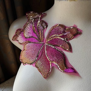 FUCHSIA & Gold Lace Applique Beaded Flower for Lyrical Dance, Ballet, Garments, Costumes  F192