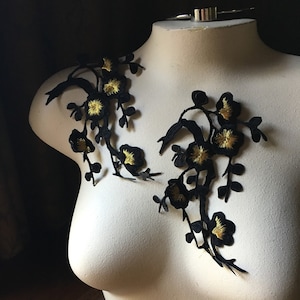 2 Black & Gold  Cherry Blossom Appliques Iron On Appliques for Garments, Lyrical Dance, Costume or Jewelry Design IRON