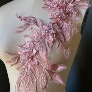 Rose Gold 3D Floral Lace Applique: Embroidered Pearl Leaf Design F73