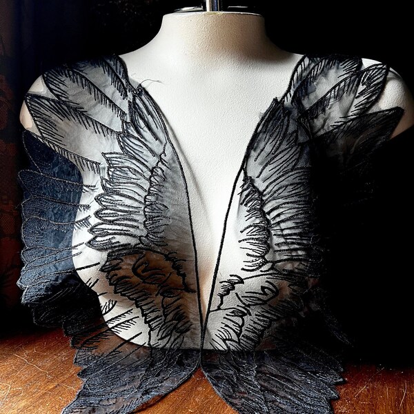 BLACK Wing Appliques in Organza for Bridal, Garments, Costumes