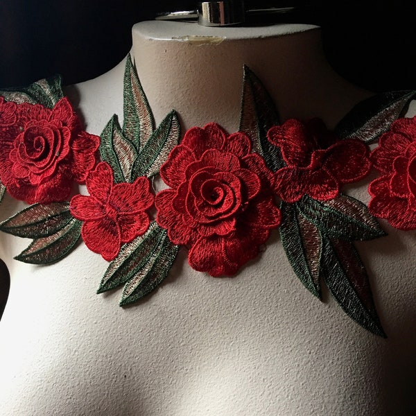 RED Rose Applique 3D Lace for Lyrical Dance, Garments, Costume Design CA 921