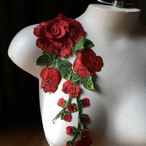 RED Rose Applique 3D Lace for Grad Gowns, Garments, Costume Design CA 836