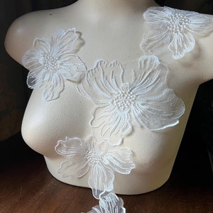 May include: White floral lace trim with delicate flower designs. The lace is shown on a white mannequin form.