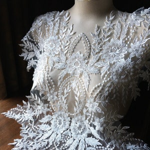 Ivory Beaded Applique: Floral Embroidered Tulle, Lyrical Dance Costume (20x20&quot;) IA 758