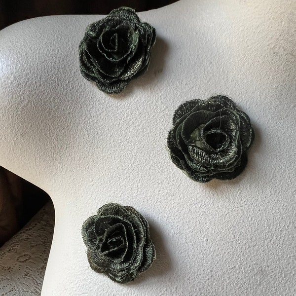 3 MOSS GREEN Rose 3D Appliques Lace Appliques for Grad Gowns,  Garments, Costume Design CA 999