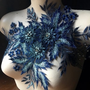 Apliques 3D AZUIS com miçangas para vestidos de dança lírica, balé e alta costura F146