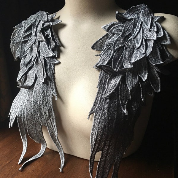 GREY 3D Lace Applique WINGS PAiR for Angels, Swan Lake, Epaulettes, Garments, Costume Design PR 380