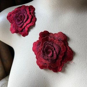 Red Rose 3D Lace Appliques: Two-Toned Floral Embellishments (Set of 2) CA 994