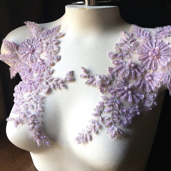 ROSE MAUVE Lace Applique Beaded Lace PAIR for Lyrical Dance, Ballroom Dance, Costumes,  Bridal F118