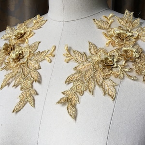 BRIGHT GOLD 3d Lace Applique PAIR for Lyrical or Ballet Costumes, Garments, Bridal F6