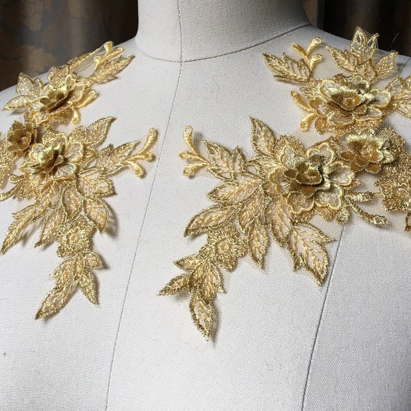 BRIGHT GOLD 3d Lace Applique PAIR for Lyrical or Ballet Costumes, Garments, Bridal F6