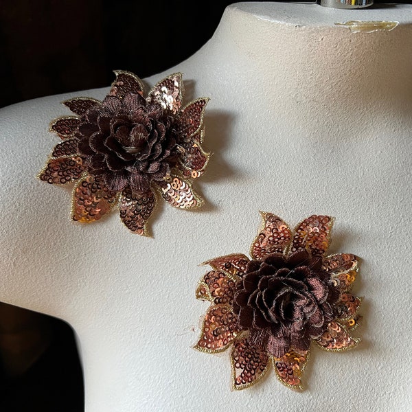 2 BROWN & COPPER 3D Beaded Flower Appliques for Lyrical Dance, Ballet, Costumes, Headbands, Garments CA 962
