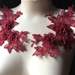 BURGUNDY 3d Lace Applique PAIR for Lyrical or Ballet Costumes, Garments, Bridal F6
