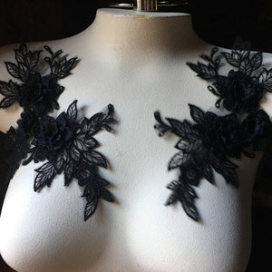 BLACK 3d Lace Applique PAIR for Lyrical or Ballet Costumes, Garments, Bridal F6