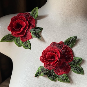 2 apliques de encaje 3D de rosas rojas para vestidos de graduación, prendas, danza lírica, ballet, diseño de vestuario, novias bohemias CA 989