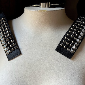 2 BLACK Appliques STUDDED  for Epaulettes, Garment Shoulders, Costume Design BLA 402