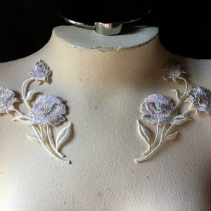 Pair White Silver Flower Appliques with Iridescence for Bridal, Lyrical, Ballet, Costumes IRON 55