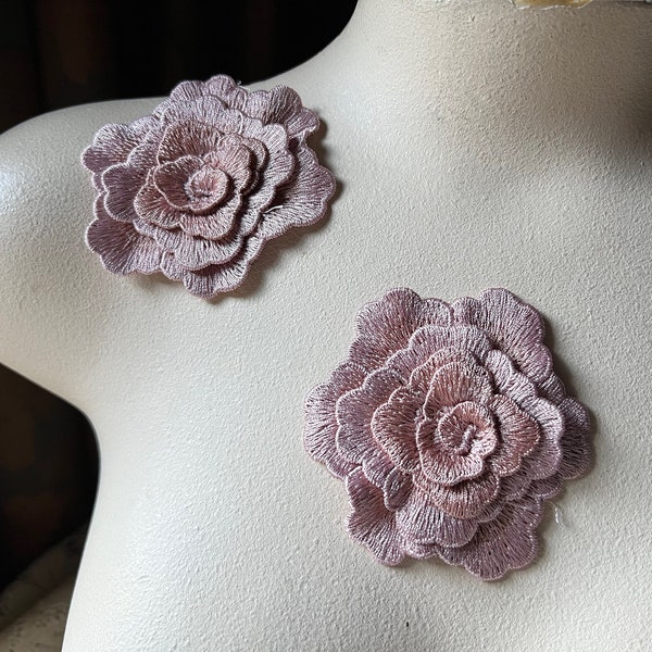 2 MAUVE BLUSH Rose 3D Appliques Lace Appliques for Grad Gowns,  Garments, Costume Design CA 994