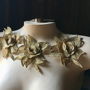 3 Gold 3D Lace Appliques Flowers in Antique Gold Metallic for Grad, Lyrical Dance, Ballet, Jewelry, Garments MET 4