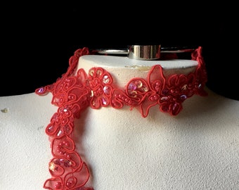 RED Beaded Lacy Flower Trim for Lyrical Dance, Bridal,  Headbands, Veils, Costumes BL 4038