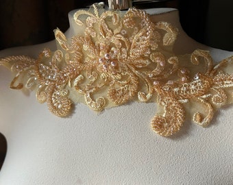 GOLD Beaded Applique for Lyrical Dance, Bridal, Ballet, Headbands, Garments CA 961