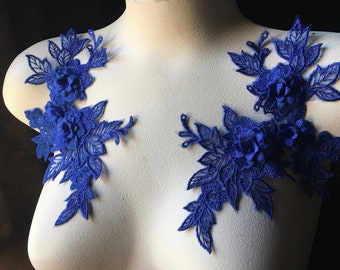 ROYAL BLUE 3d Lace Applique PAIR for Lyrical or Ballet Costumes, Garments, Bridal F6