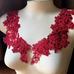 RED Lace Appliques Beaded Applique PAIR for Lyrical Dance, Ballroom Dance, Bridal, Headbands, Costume Design PR 612 red