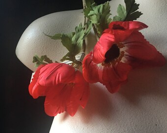 RED Anemones Vintage German Silk Millinery for Hats, Bridal, Regency Bonnets