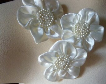 3 IVORY Beaded Flower Appliques for Bridal, Headbands, Jewelry or Costume Design