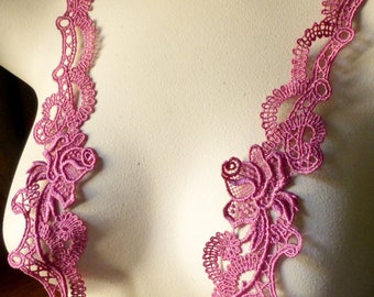 Fuchsia Rose Lace Appliques Pair Venise Lace for Garments, Costume Design PR 32