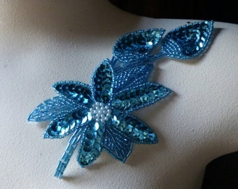 Beaded Flower Applique in Turquoise for Headbands, Garments, Costumes  IRONturq 55