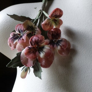 Peut inclure: Un bouquet de pensées en velours rose et blanc avec des feuilles vertes.
