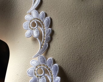 Antique Embroidered Applique Handmade Insertion Pieces Warm White Ivory Paisley Shaped Set of 3