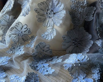 HALF Yard Blue Gray Lace Beaded APPLIQUE Fabric with Faux Pearls for Garments, Lyrical, Bridal, Ballet, Costumes