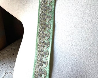 Green Sari Trim Beaded Embroidered for Garments, Costume Design, Crafts, Junk Journals TR 363