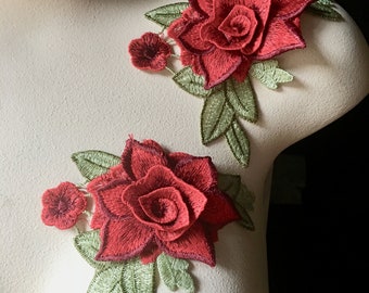 2 Red Rose Appliques for Grad Gowns, Garments, Costume Design CA 840
