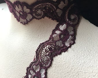Burgundy Plum & Silver Stretch Lace, French Lingerie Trim, 3 yds STR 3007