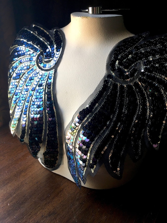 Black Iris Beaded WINGS Lace Applique Pair for Lyrical Dance, Garments, Costume Design