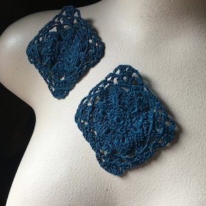 2 Dk. TEAL Crocheted Granny Square Appliques Cotton for Garments, Crazy Quilts, Applique