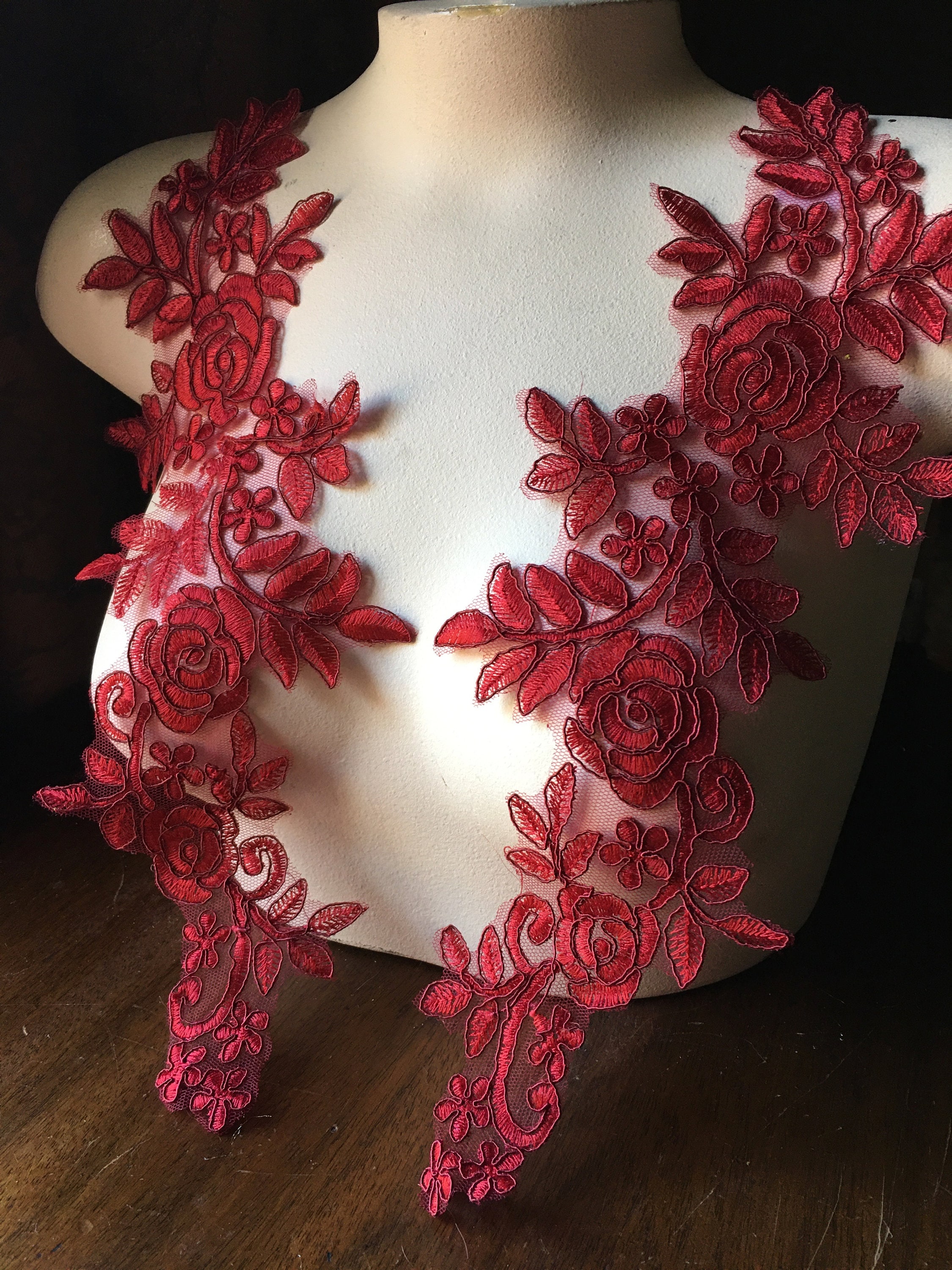 Burgundy Red Lace Applique Pair: Corded Floral Design (second