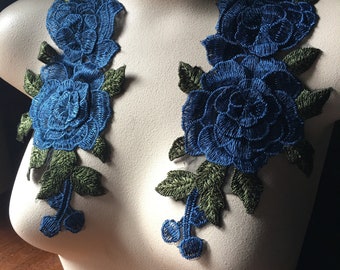 NAVY Blue Rose PAIR 3d Lace Rose Applique for Grad Gowns, Garments, Costume Design CA 827 pr