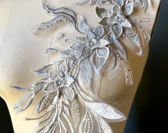 Silver Grey 3D Beaded Lace Applique: Floral Couture Gown Embellishment F73