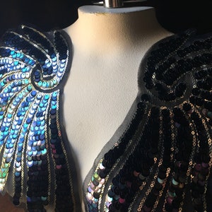 May include: Two black sequined fabric appliques with a blue and gold iridescent finish. The appliques are shaped like wings and are sewn onto a black mesh fabric.