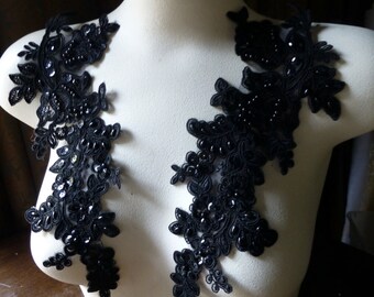 BLaCK Applique Beaded Lace Pair  for Lyrical Dance, Bridal, Headbands, Sashes, Costume Design PR 96 bl
